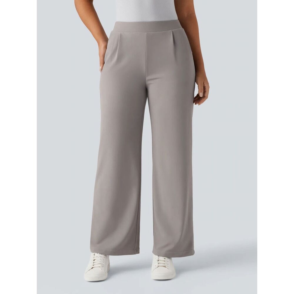 Halara Flex High Waisted Tummy Control wide leg light gray pleated pants size L